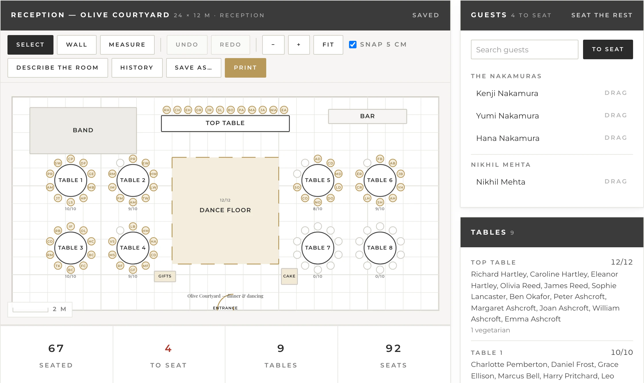The Planners Workspace floor plan editor: a 24 by 12 metre reception room drawn to scale, with eight round tables, a top table, a dance floor, bar, band and entrance placed on a measured grid; a guest list waiting to be seated sits alongside it, and a strip below counts 67 seated of 92 seats across 9 tables.